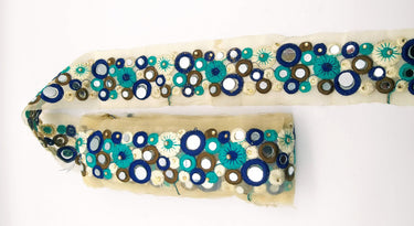 Gold Sheer Tissue Fabric Trim With Blue And Off White Circles and Floral Embroidery With Mirror Embellishments, Indian Mirrored Trim